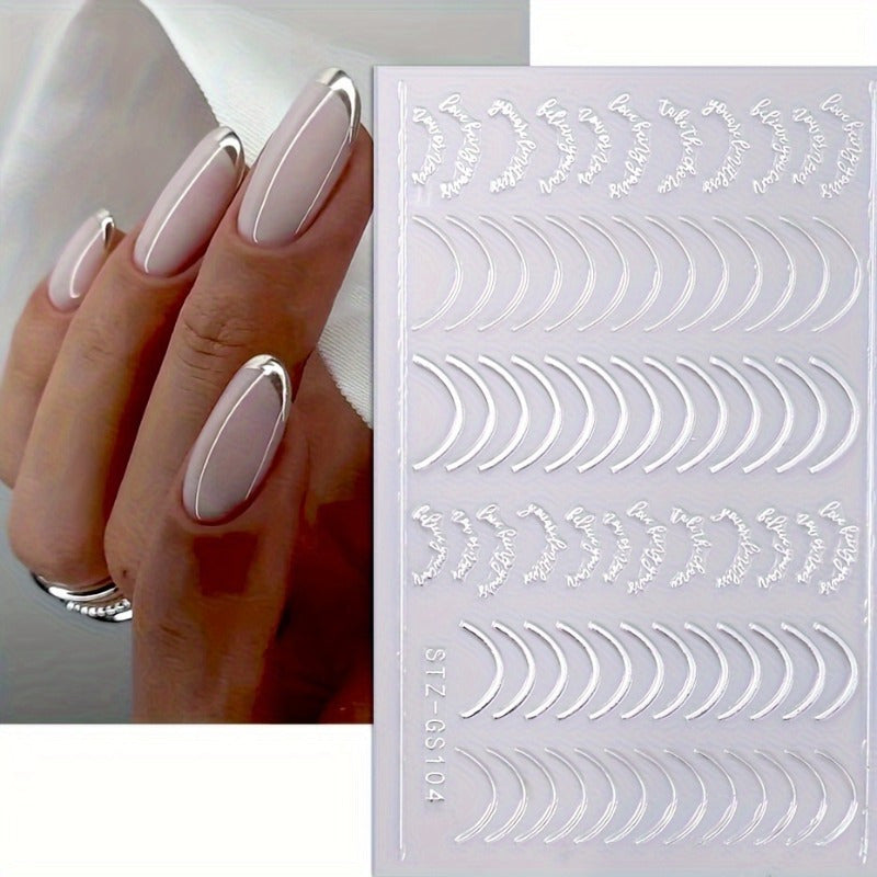 Adesivos de Unhas com Design de Linha Dourada e Prateada Em Espiral, Decoração de Unhas.