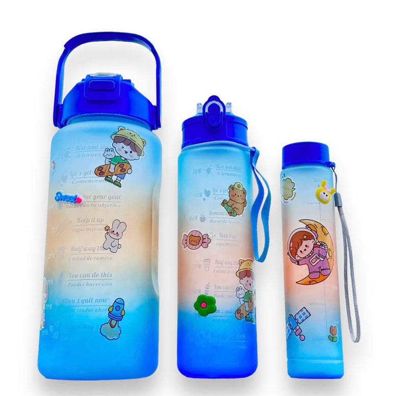 Kit 3 Garrafa De Água 2L 900ml 300ml Com Adesivos Motivacional Academia Porta Celular Cor Aleatória