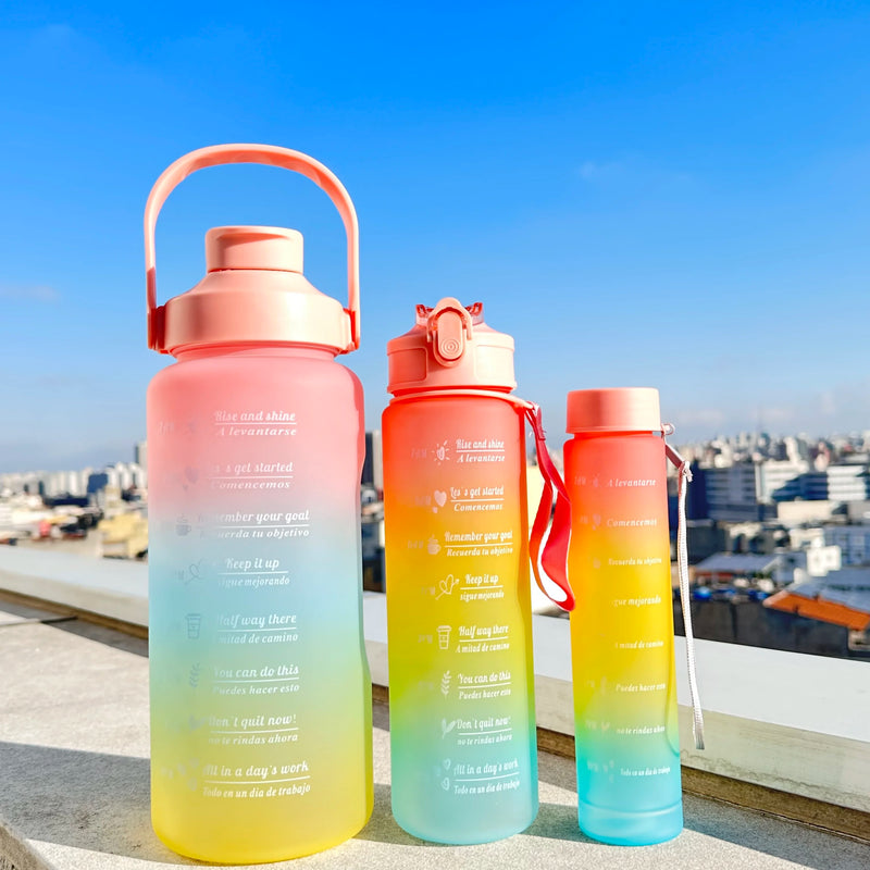 Kit 3 Garrafa De Água 2L 900ml 300ml Com Adesivos Motivacional Academia Porta Celular Cor Aleatória